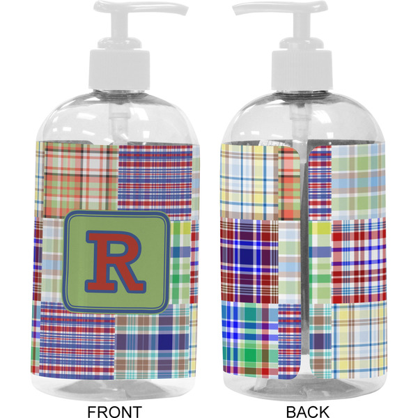 Blue Madras Plaid Print 16 oz Plastic Liquid Dispenser- Approval- White