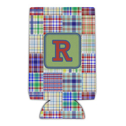 Blue Madras Plaid Print Can Cooler (Personalized)