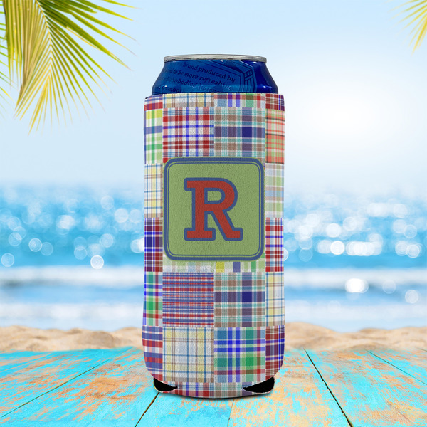 Blue Madras Plaid Print 16oz Can Sleeve - LIFESTYLE