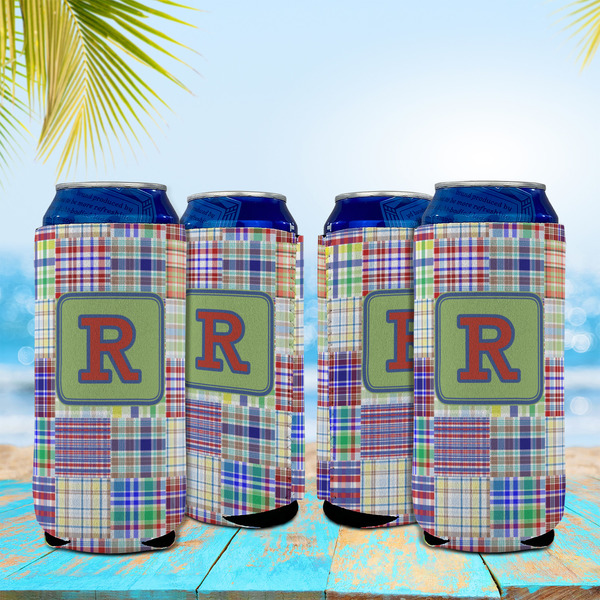 Blue Madras Plaid Print 16oz Can Sleeve - Set of 4 - LIFESTYLE