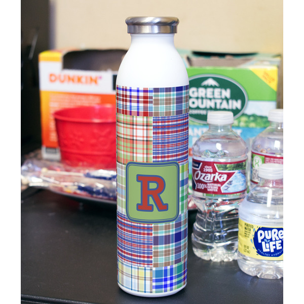Blue Madras Plaid Print 20oz Water Bottles - Full Print - In Context
