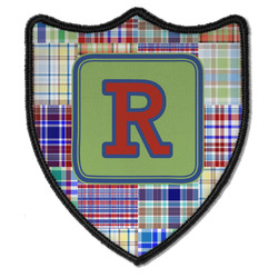 Blue Madras Plaid Print Iron On Shield Patch B w/ Initial