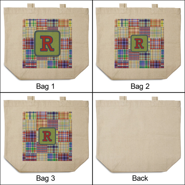 Blue Madras Plaid Print 3 Reusable Cotton Grocery Bags - Front & Back View