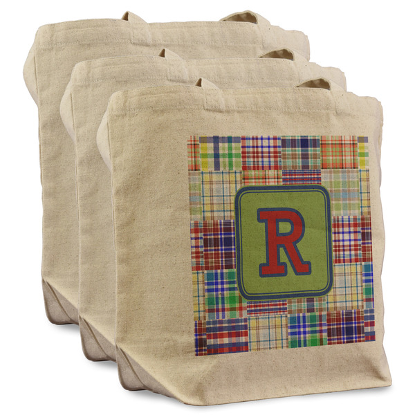 Custom Blue Madras Plaid Print Reusable Cotton Grocery Bags - Set of 3 (Personalized)