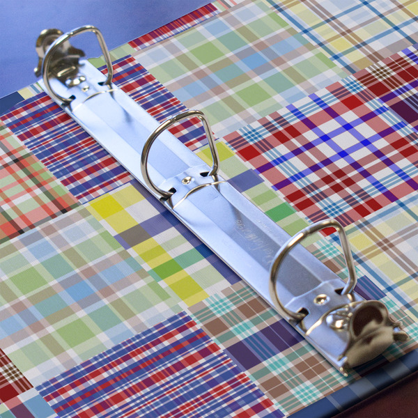 Blue Madras Plaid Print 3 Ring Binders - Full Wrap - 1" - DETAIL