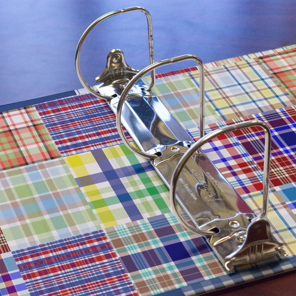 Blue Madras Plaid Print 3 Ring Binders - Full Wrap - 3" - DETAIL