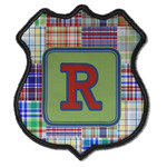Blue Madras Plaid Print Iron On Shield Patch C w/ Initial