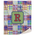 Blue Madras Plaid Print Sherpa Throw Blanket (Personalized)