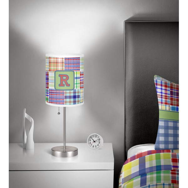 Blue Madras Plaid Print 7 inch drum lamp shade - in room