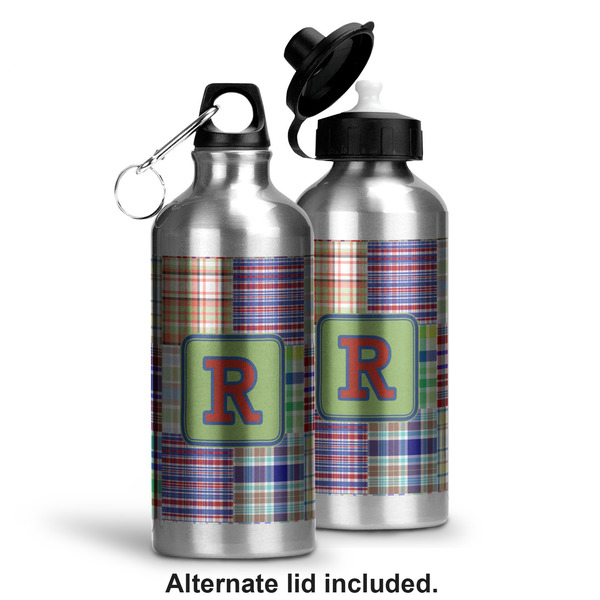 Blue Madras Plaid Print Aluminum Water Bottle - Alternate lid options