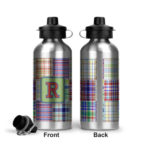 Blue Madras Plaid Print Aluminum Water Bottle - Front and Back