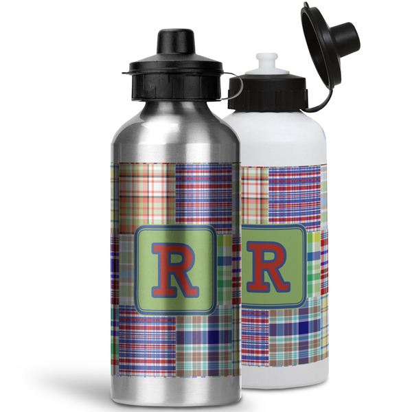 Blue Madras Plaid Print Aluminum Water Bottles - MAIN (white &silver)