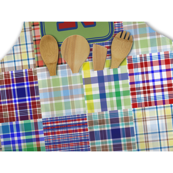Blue Madras Plaid Print Apron - Pocket Detail with Props