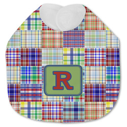 Blue Madras Plaid Print Jersey Knit Baby Bib w/ Initial
