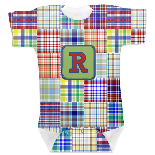 Custom Blue Madras Plaid Print Baby Bodysuit 3-6 w/ Initial