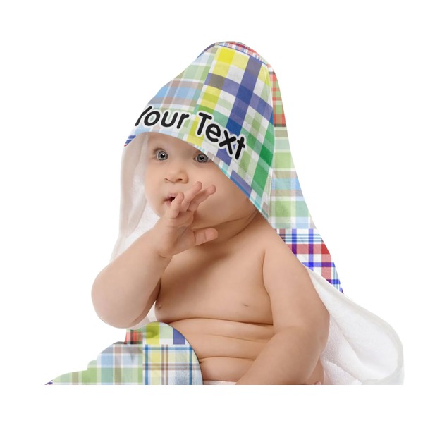 Blue Madras Plaid Print Baby Hooded Towel on Child