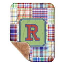 Blue Madras Plaid Print Sherpa Baby Blanket - 30" x 40" w/ Initial