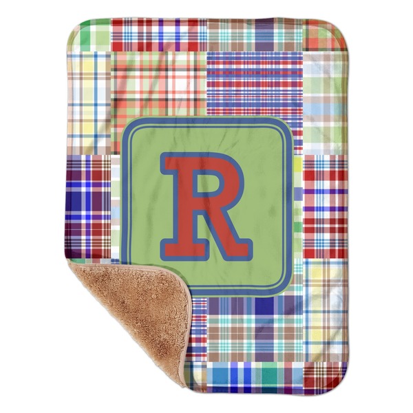 Custom Blue Madras Plaid Print Sherpa Baby Blanket - 30" x 40" w/ Initial