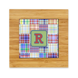 Blue Madras Plaid Print Bamboo Trivet with Ceramic Tile Insert (Personalized)