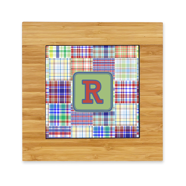 Custom Blue Madras Plaid Print Bamboo Trivet with Ceramic Tile Insert (Personalized)