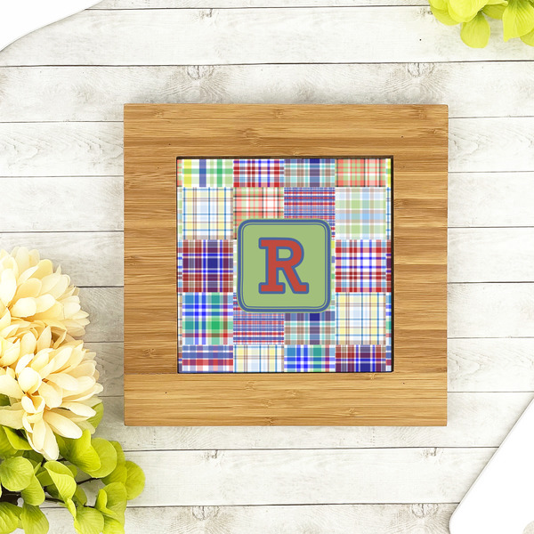 Blue Madras Plaid Print Bamboo Trivet with 6" Tile - LIFESTYLE