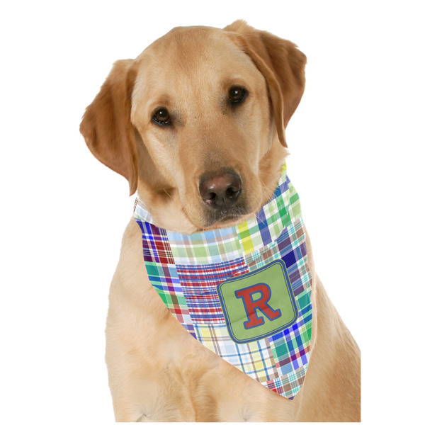 Custom Blue Madras Plaid Print Dog Bandana Scarf w/ Initial