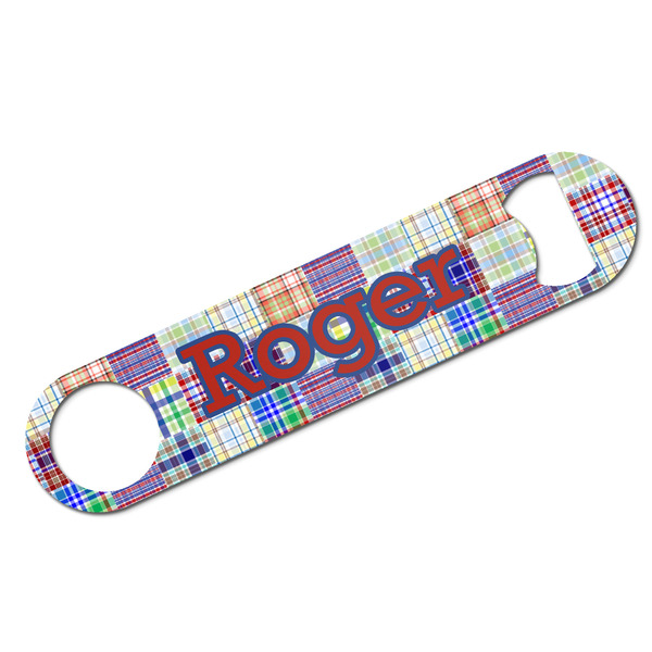 Custom Blue Madras Plaid Print Bar Bottle Opener w/ Initial