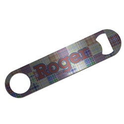 Blue Madras Plaid Print Bar Bottle Opener - Silver w/ Initial