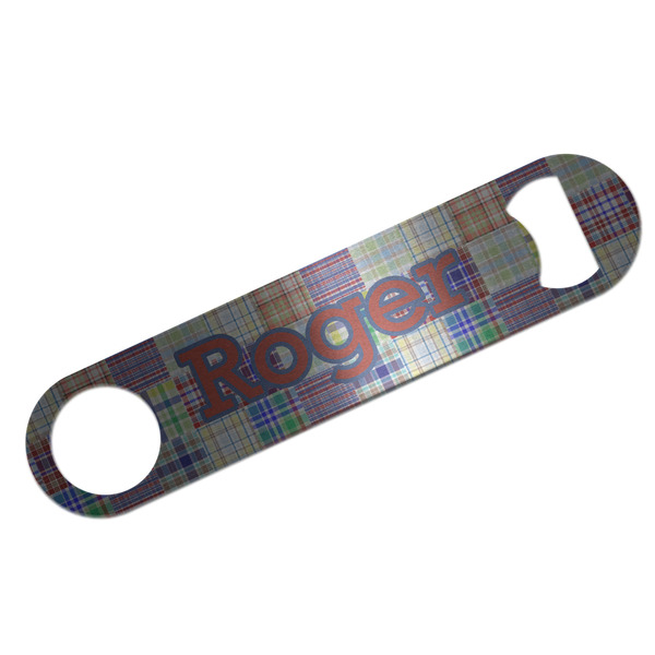 Custom Blue Madras Plaid Print Bar Bottle Opener - Silver w/ Initial
