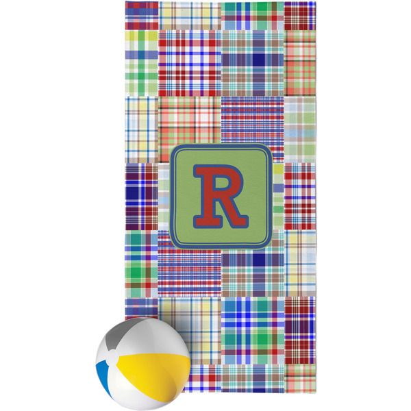 Custom Blue Madras Plaid Print Beach Towel (Personalized)