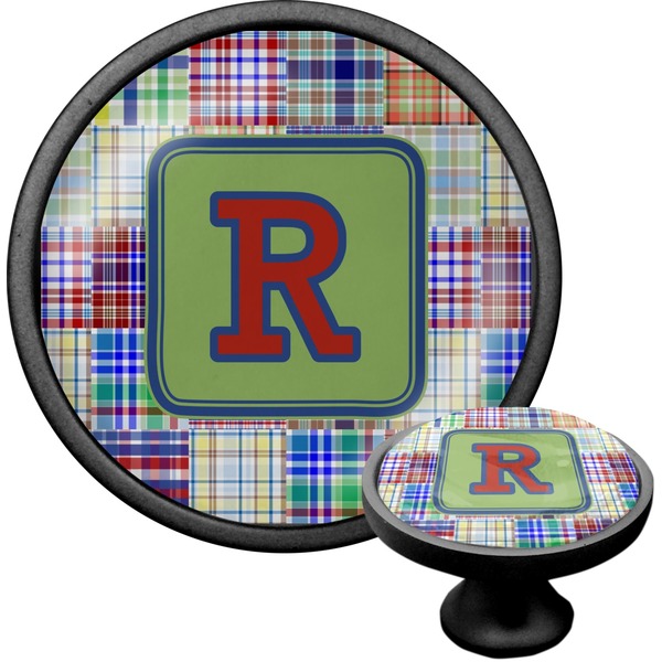 Custom Blue Madras Plaid Print Cabinet Knob (Black) (Personalized)