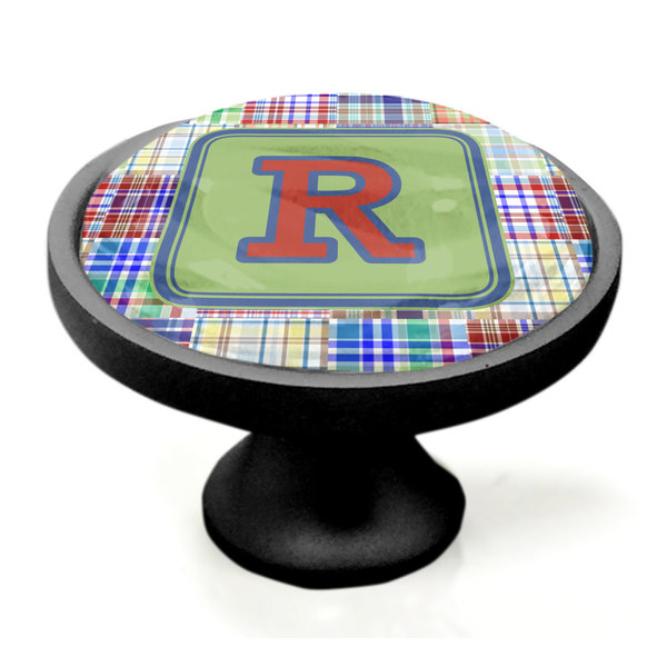 Blue Madras Plaid Print Black Custom Cabinet Knob (Side)