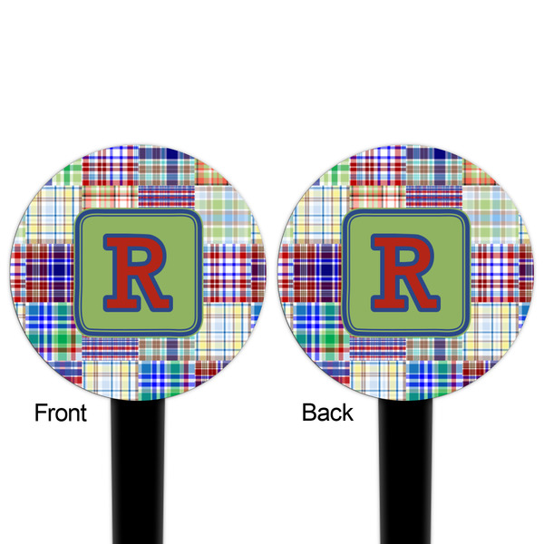 Blue Madras Plaid Print Black Plastic 4" Food Pick - Round - Double Sided - Front & Back