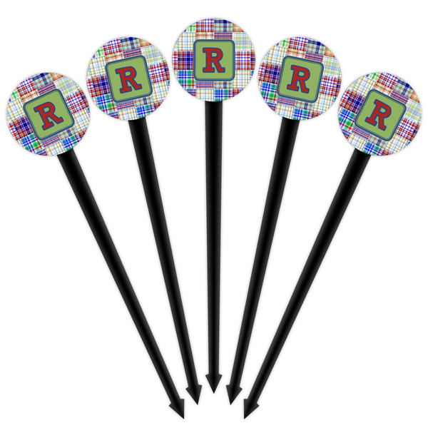 Blue Madras Plaid Print Black Plastic 4" Food Pick - Round - Fan View