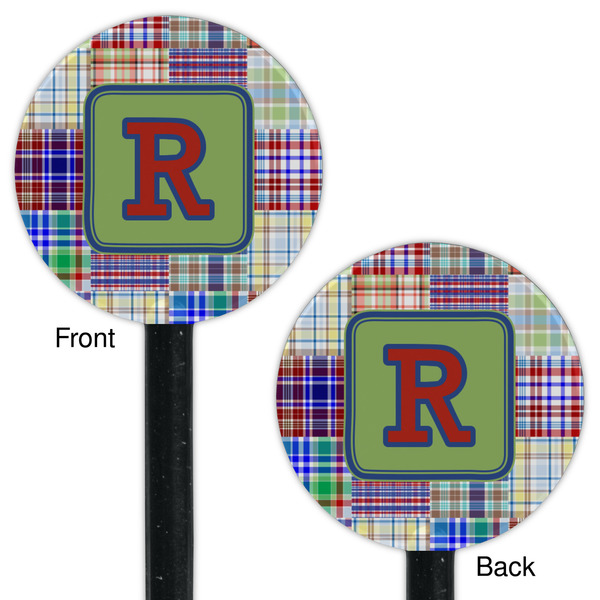 Blue Madras Plaid Print Black Plastic 5.5" Stir Stick - Double Sided - Round - Front & Back