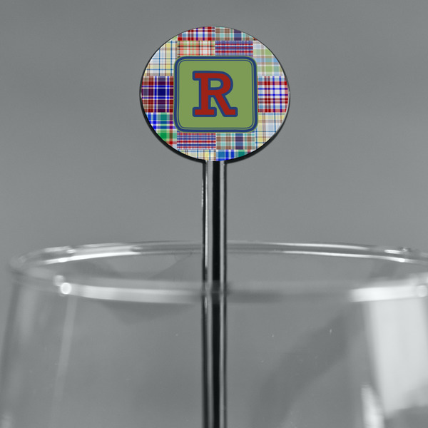 Blue Madras Plaid Print Black Plastic 5.5" Stir Stick - Round - Main