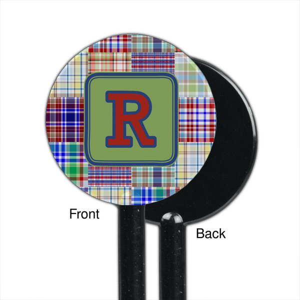 Blue Madras Plaid Print Black Plastic 5.5" Stir Stick - Single Sided - Round - Front & Back