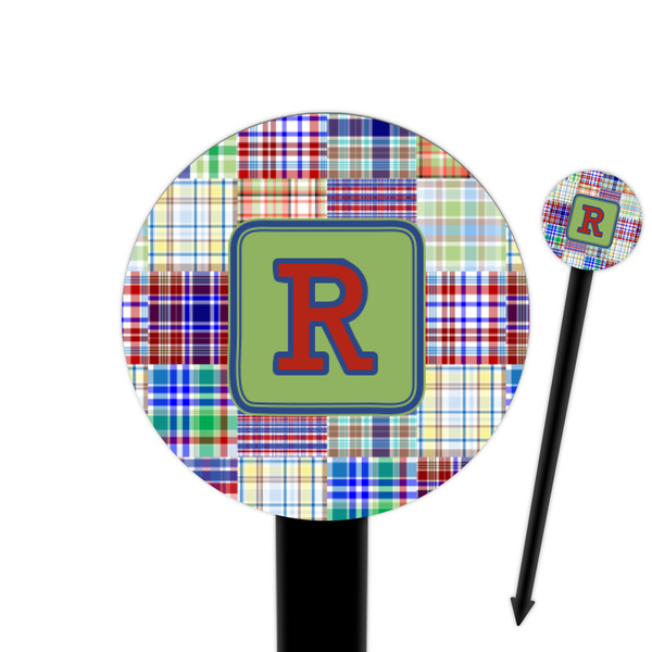 Custom Blue Madras Plaid Print 6" Round Plastic Food Picks - Black - Single Sided (Personalized)