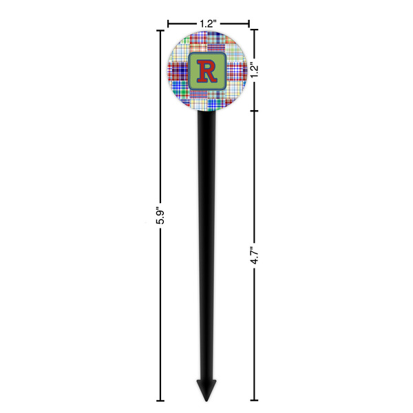 Blue Madras Plaid Print Black Plastic 6" Food Pick - Round - Dimensions