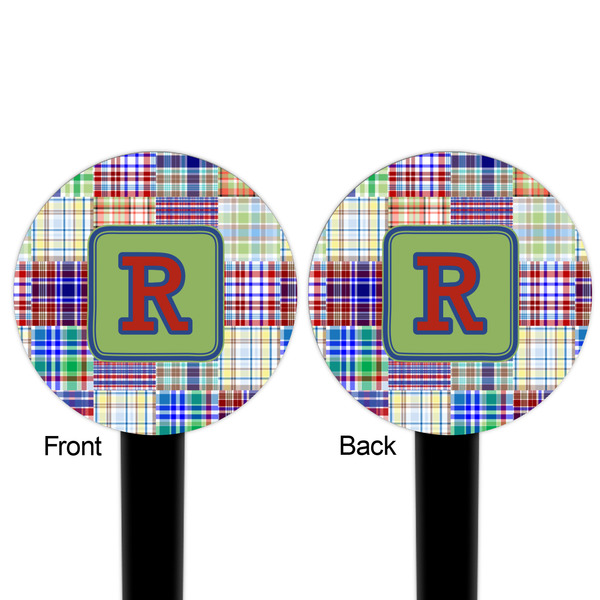 Blue Madras Plaid Print Black Plastic 6" Food Pick - Round - Double Sided - Front & Back