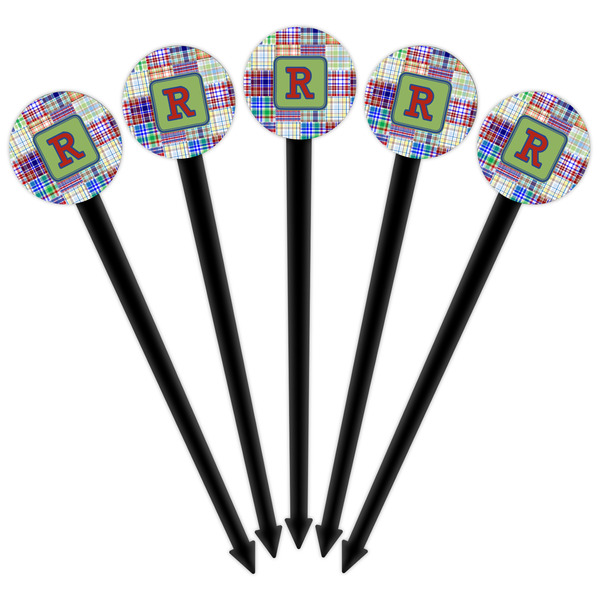 Blue Madras Plaid Print Black Plastic 6" Food Pick - Round - Fan View