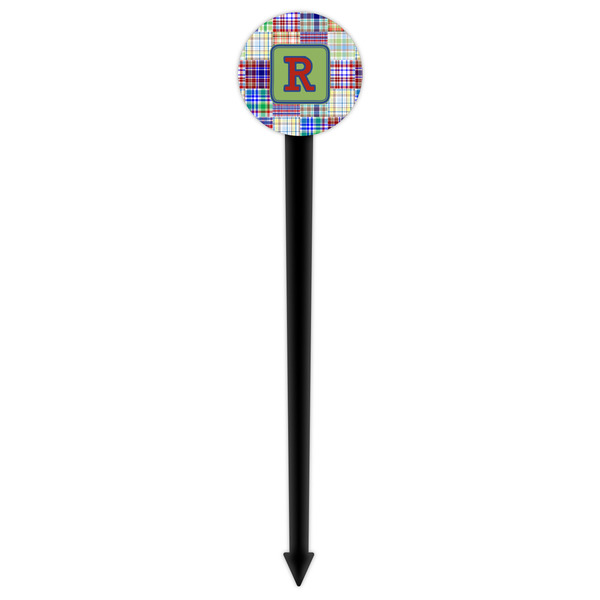 Blue Madras Plaid Print Black Plastic 6" Food Pick - Round - Single Pick