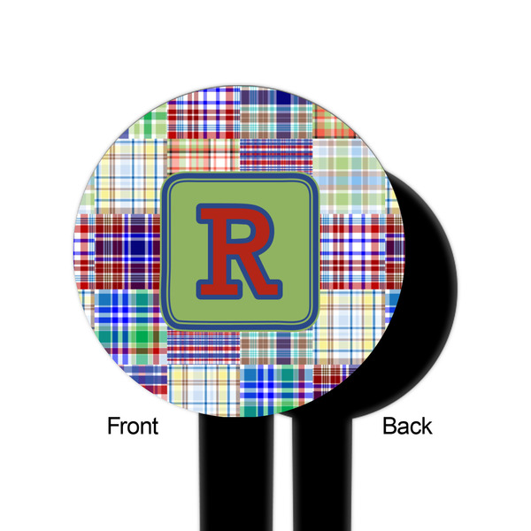 Blue Madras Plaid Print Black Plastic 6" Food Pick - Round - Single Sided - Front & Back