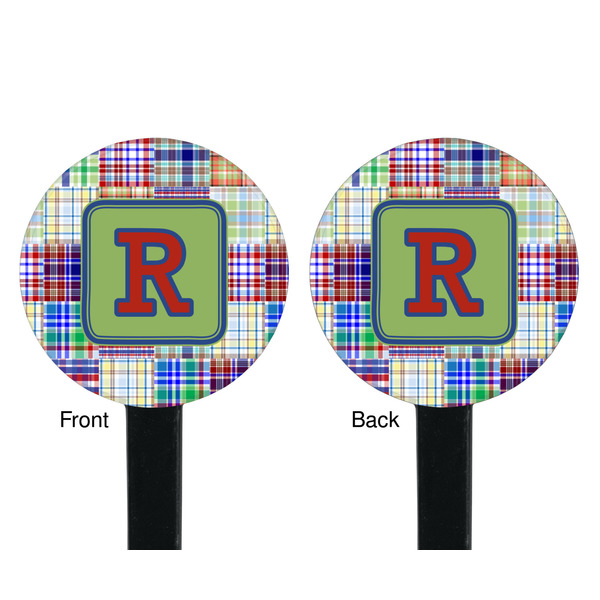 Blue Madras Plaid Print Black Plastic 7" Stir Stick - Double Sided - Round - Front & Back