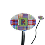 Blue Madras Plaid Print 7" Oval Plastic Stir Sticks - Black - Single Sided (Personalized)