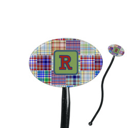 Blue Madras Plaid Print 7" Oval Plastic Stir Sticks - Black - Single Sided (Personalized)