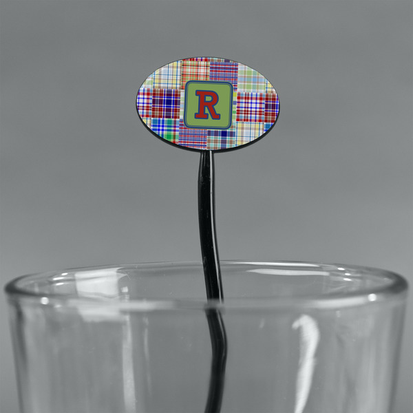 Blue Madras Plaid Print Black Plastic 7" Stir Stick - Oval - Main