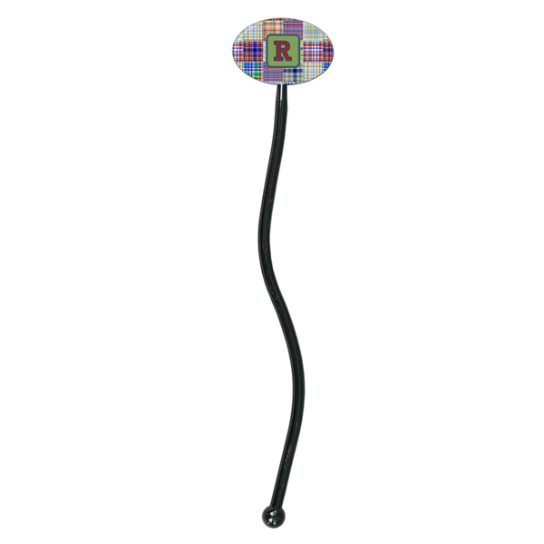 Blue Madras Plaid Print Black Plastic 7" Stir Stick - Oval - Single Stick