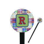 Blue Madras Plaid Print 7" Round Plastic Stir Sticks - Black - Single Sided (Personalized)