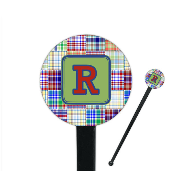 Custom Blue Madras Plaid Print 7" Round Plastic Stir Sticks - Black - Single Sided (Personalized)
